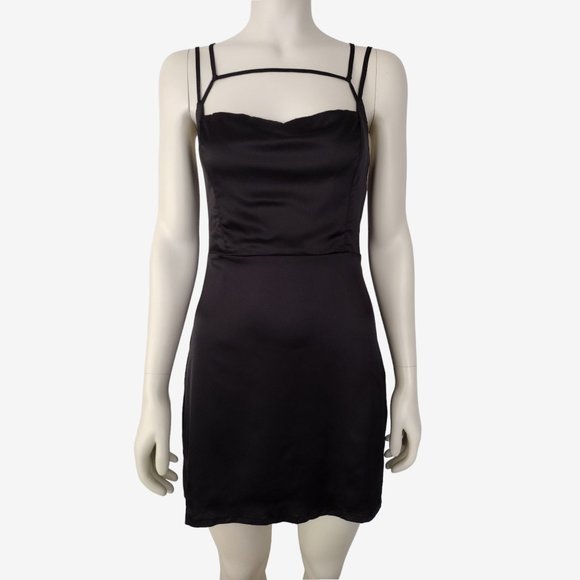 Forever 21 Black Silky Satin Strappy Cowl Neck Mini Sheath Dress Size L - Picture 1 of 12